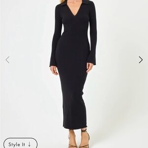 L*space Black Long Sleeve Ribbed V-Neck San Clemente  Dress